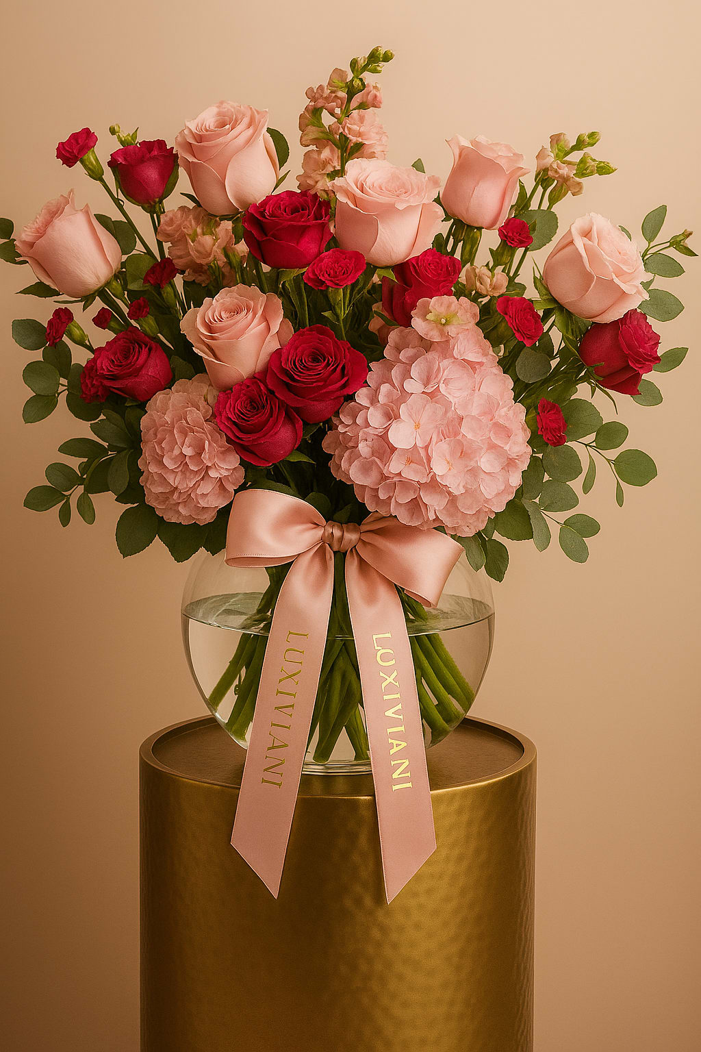 Pink and red rose bouquet in a glass vase with a satin ribbon