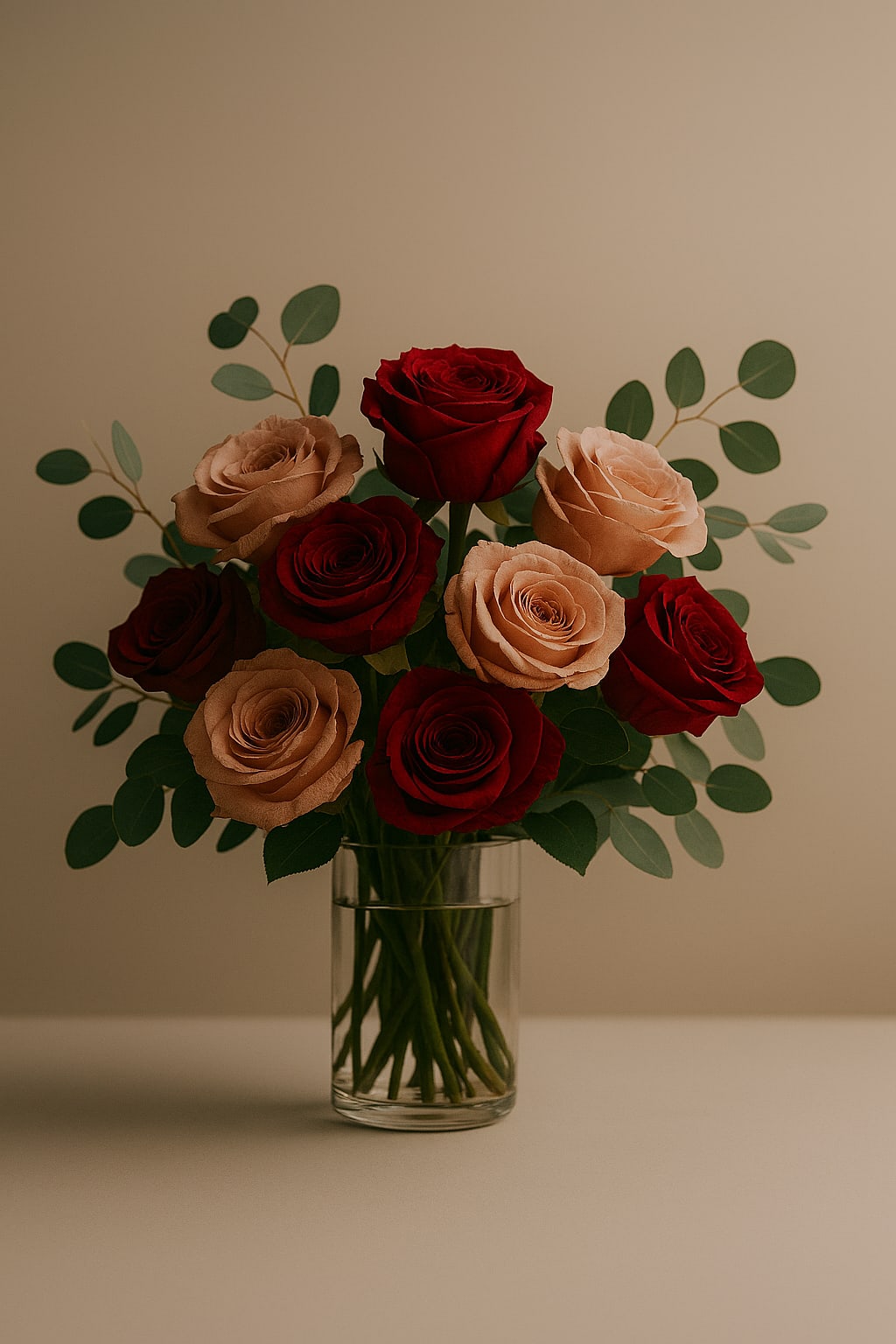 Bouquet of red and blush roses in a clear glass vase