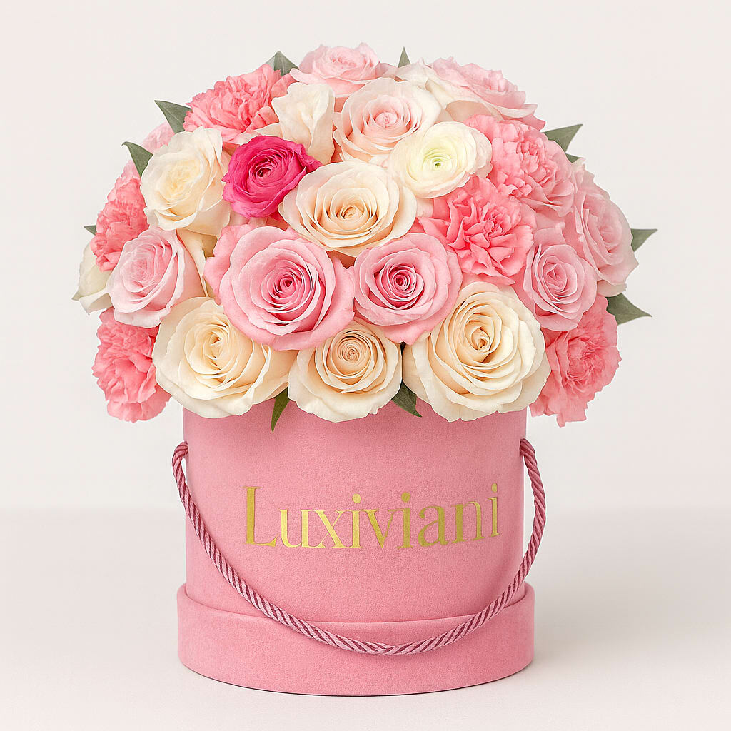 Pink and cream roses arranged in a pink hat box