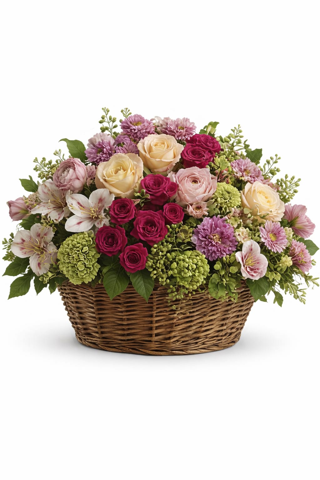 Mixed pink and cream flower arrangement in a wicker basket