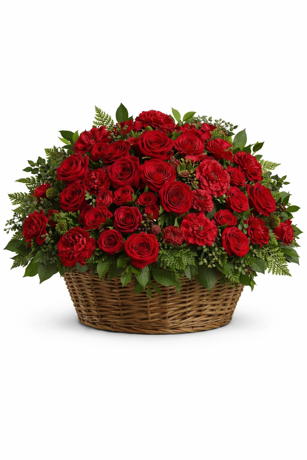 Red roses and carnations arranged in a wicker basket