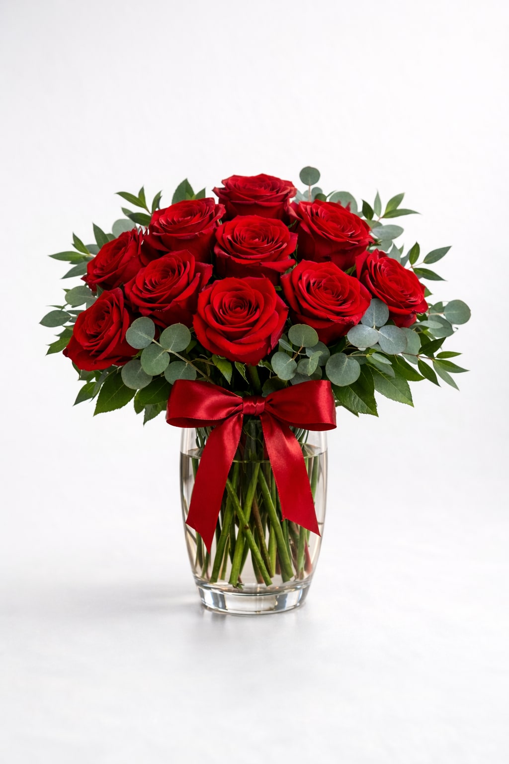 Red roses arranged in a clear glass vase with a red ribbon