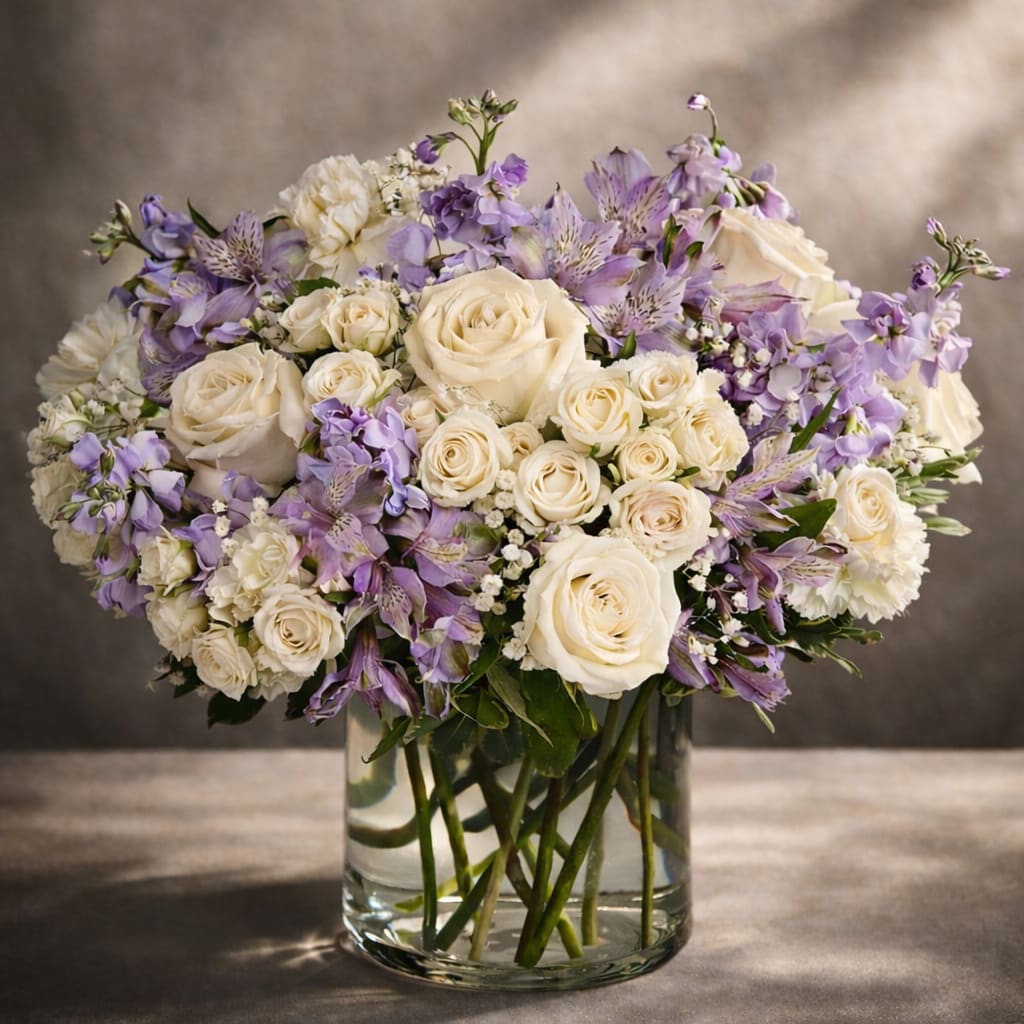 Lavender Daydream - Cream roses paired with lavender and purple blooms make this flower arrangement an elegant choice for a birthday bouquet, anniversary roses, or a thoughtful "just because" gift. The soft two-tone palette and romantic feel ensure the person you're thinking of will feel cherished and gently celebrated the moment these flowers arrive.  Densely packed cream roses mingle with purple alstroemeria, lavender-hued carnations and small white filler flowers for texture, all arranged in a clear cylindrical glass vase that showcases the stems for a clean, classic look. The rounded, lush silhouette reads balanced and full, with fresh green accents peeking through to brighten the composition.  Perfect for everyday gifting, anniversaries, or to mark a special milestone, this arrangement arrives ready to display and makes a graceful focal point on a table or desk. Vase included; change the water every few days, trim stems at an angle, and remove any foliage below the water line to help the bouquet stay fresh longer.