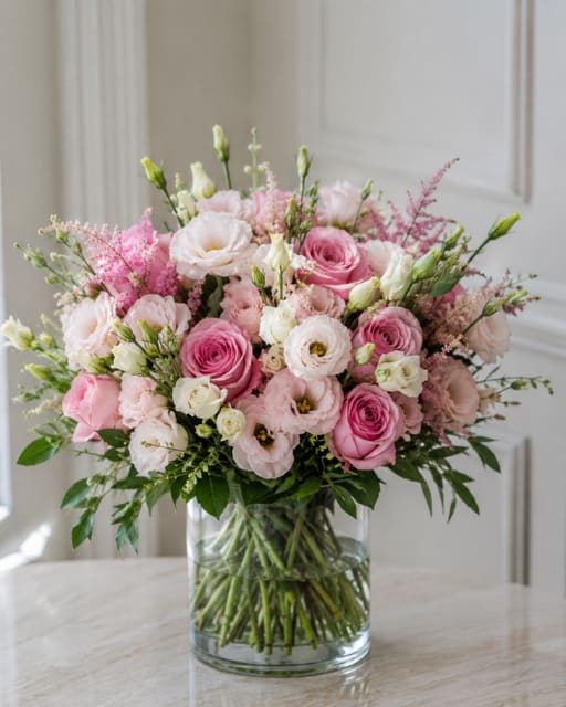 Blush Poetry - Soft, romantic and garden-fresh, this flower arrangement is a blush-colored promise for anniversaries, birthdays, or to say "I'm thinking of you." The rounded bouquet mixes pink and white roses with airy lisianthus and delicate pink filler sprays to create a feminine birthday bouquet or anniversary arrangement that will make the person you're sending it to feel truly cherished.  Arranged in a clear cylindrical glass vase, the composition stays light and elegant-layered rose heads provide lush texture while the lisianthus adds soft, ruffled contrast and movement. Greens peek through to lift the palette and keep the look natural; the overall effect is full and rounded without feeling heavy, perfect for a tabletop centerpiece or bedside reminder.  This is an ideal choice for someone who appreciates classic romance with a modern garden-style touch. Vase included; to keep blooms fresh, change the water every two days and trim stems as needed-this bouquet is made to brighten days and mark special moments with effortless charm.
