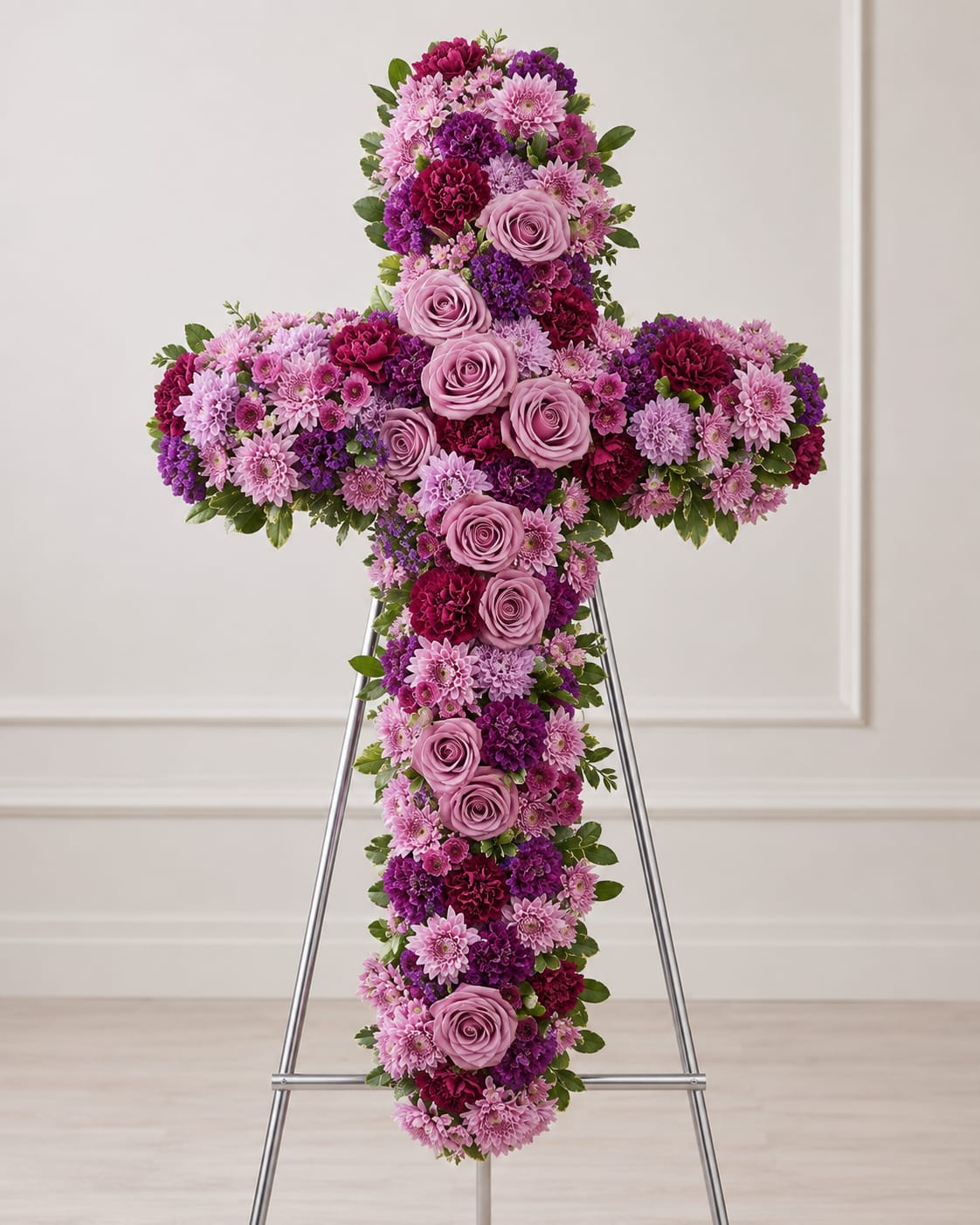 Heaven’s Embrace Cross -  A stunning expression of faith and remembrance, the Heaven’s Embrace Cross is handcrafted with soft lavender roses, pink chrysanthemums, rich purple blooms, and fresh greenery accents. Designed on a silver easel, this elegant standing cross offers a beautiful tribute to celebrate a life well lived and provide comfort during a difficult time.  Approximate Size: 30” H x 22” W   Flower varieties may vary slightly based on seasonal availability while maintaining the overall color palette and luxurious design.