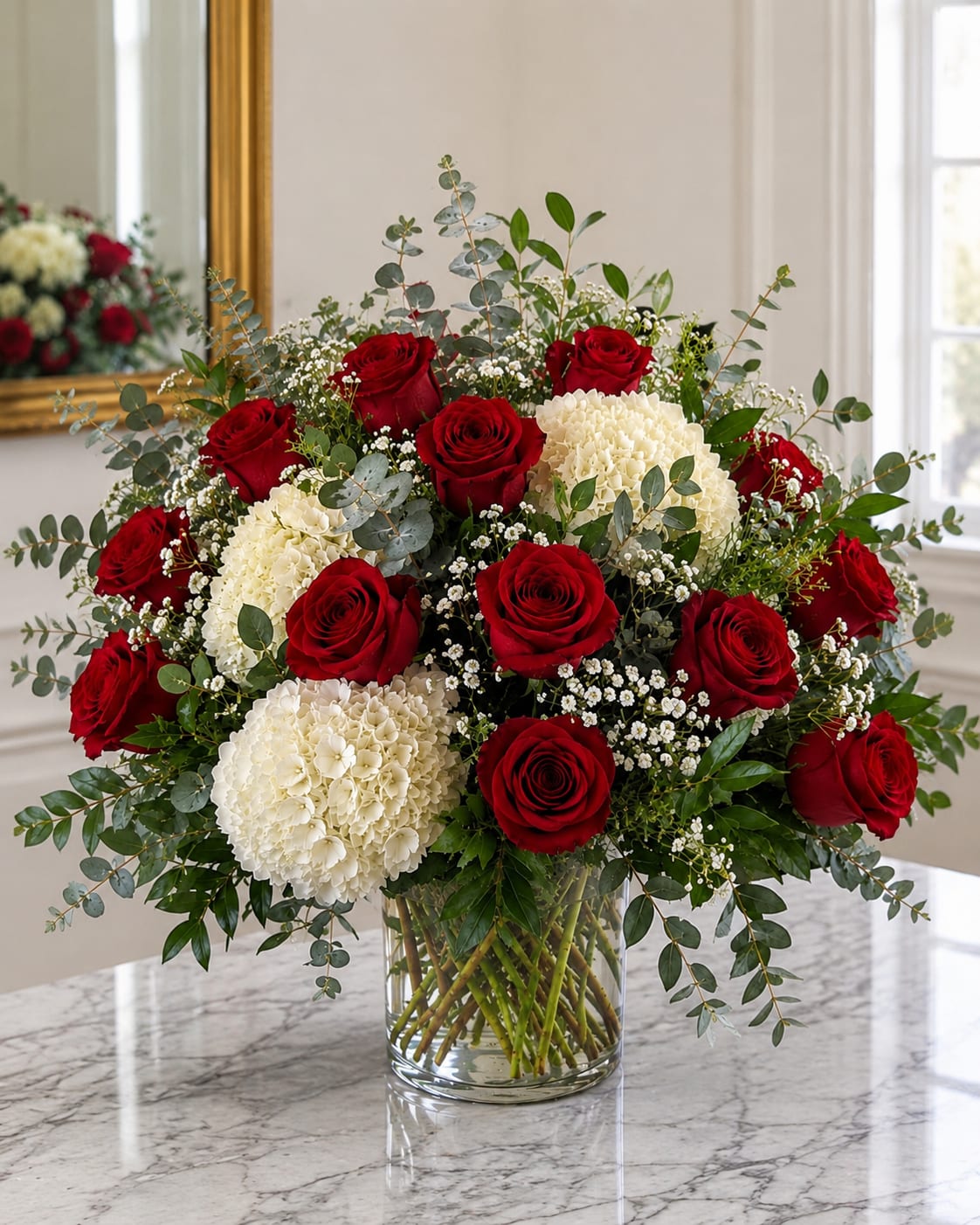 Red roses and white hydrangeas in a clear glass vase