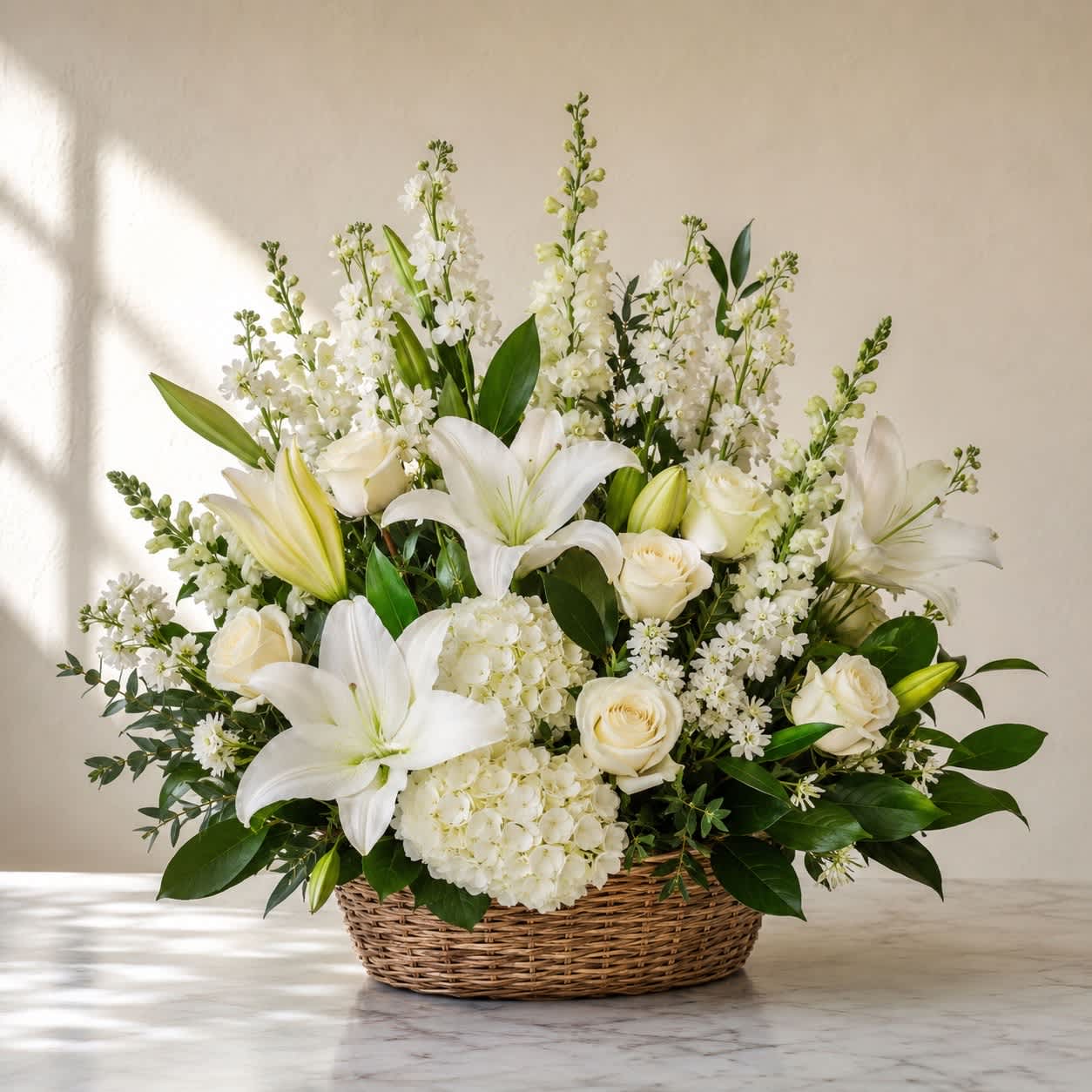 White lilies and roses arranged in a wicker basket