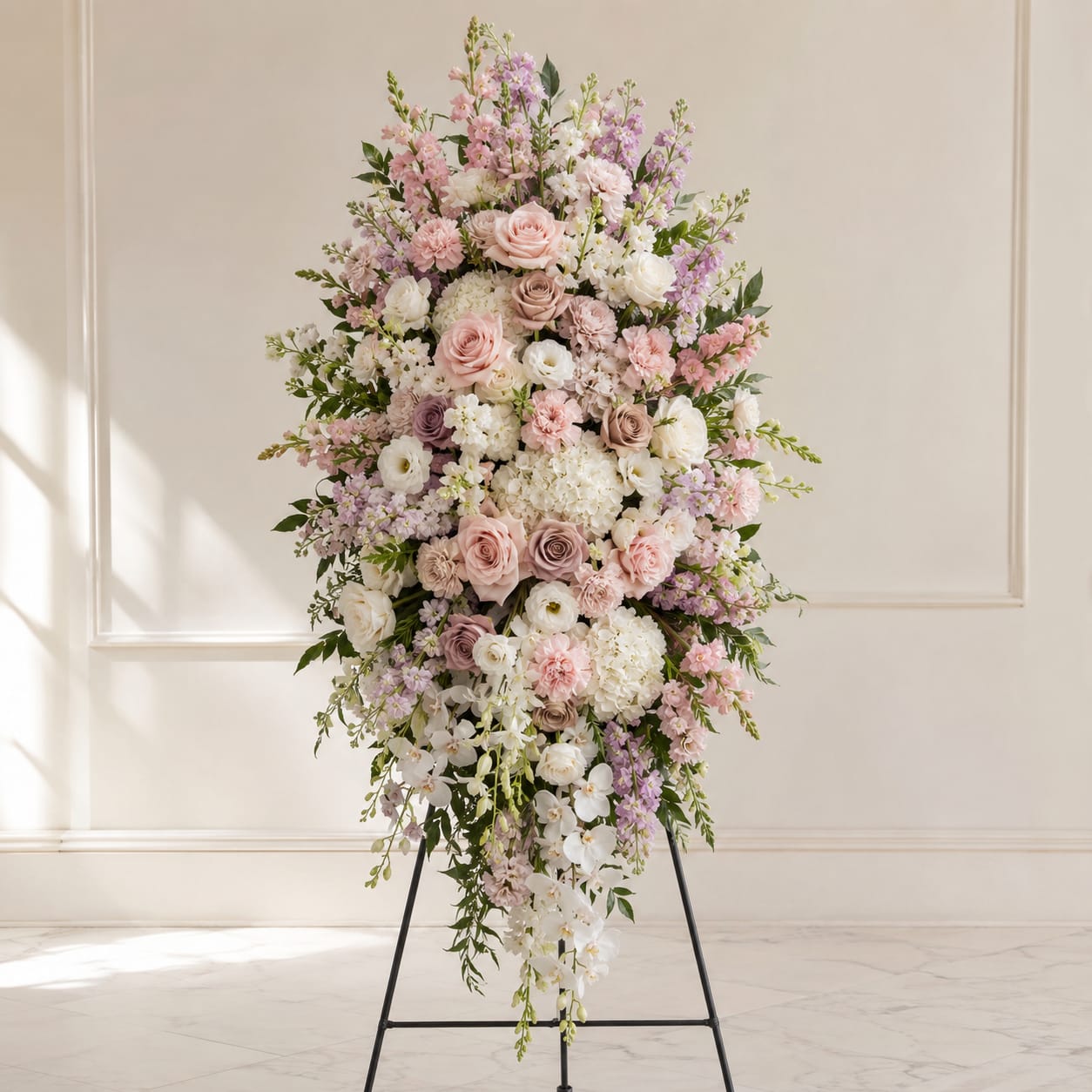 Tall pastel floral standing spray on an easel