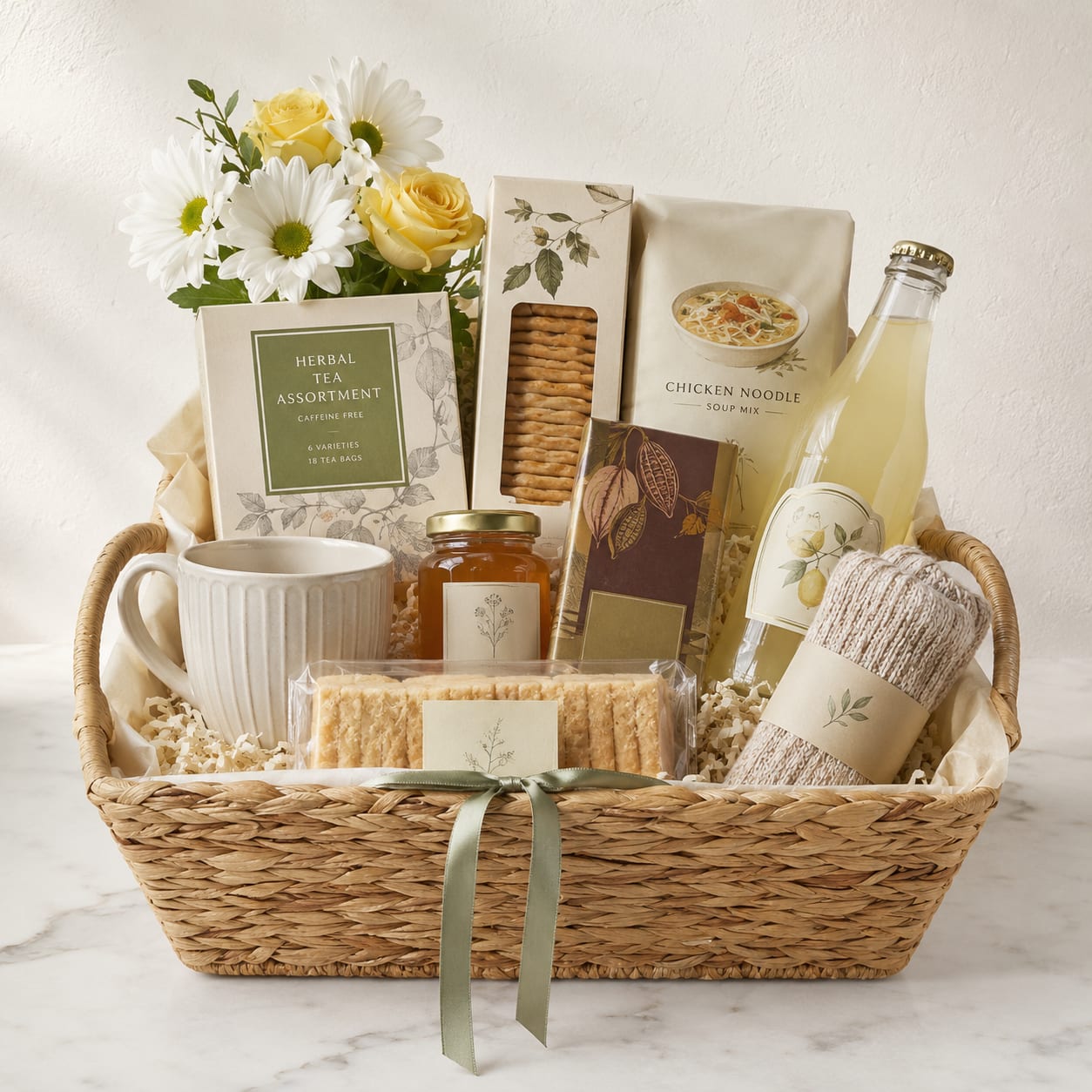 Comfort &amp; Cheer Get-Well Basket - Send a little comfort when it’s needed most. Comfort &amp; Cheer is thoughtfully filled with a curated assortment of soothing tea, honey, gourmet soup mix, artisan crackers, shortbread, premium chocolate, sparkling lemonade, a ceramic mug, cozy socks, and a petite fresh-flower accent. Beautifully arranged in a reusable woven basket, it’s a heartfelt way to brighten someone’s recovery.  Contents, flavors, packaging, and flower varieties may vary according to availability. Any substitutions will be of equal or greater value while preserving the basket’s comforting theme, size, and luxury presentation.