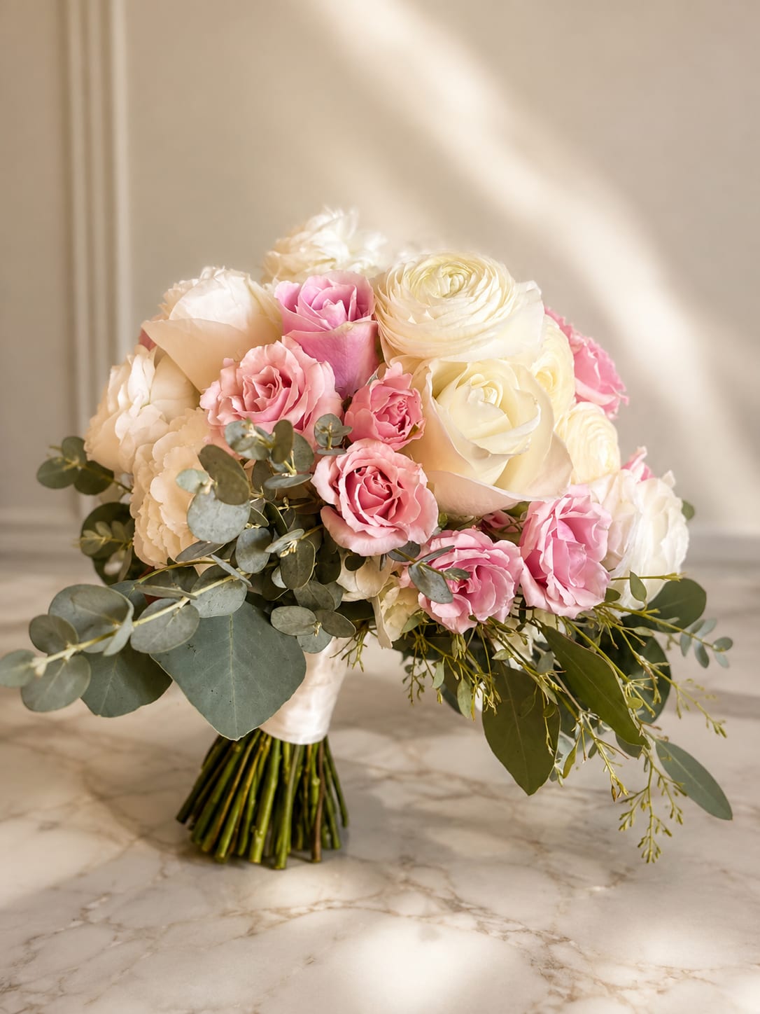 Pink and ivory rose bouquet with eucalyptus greenery