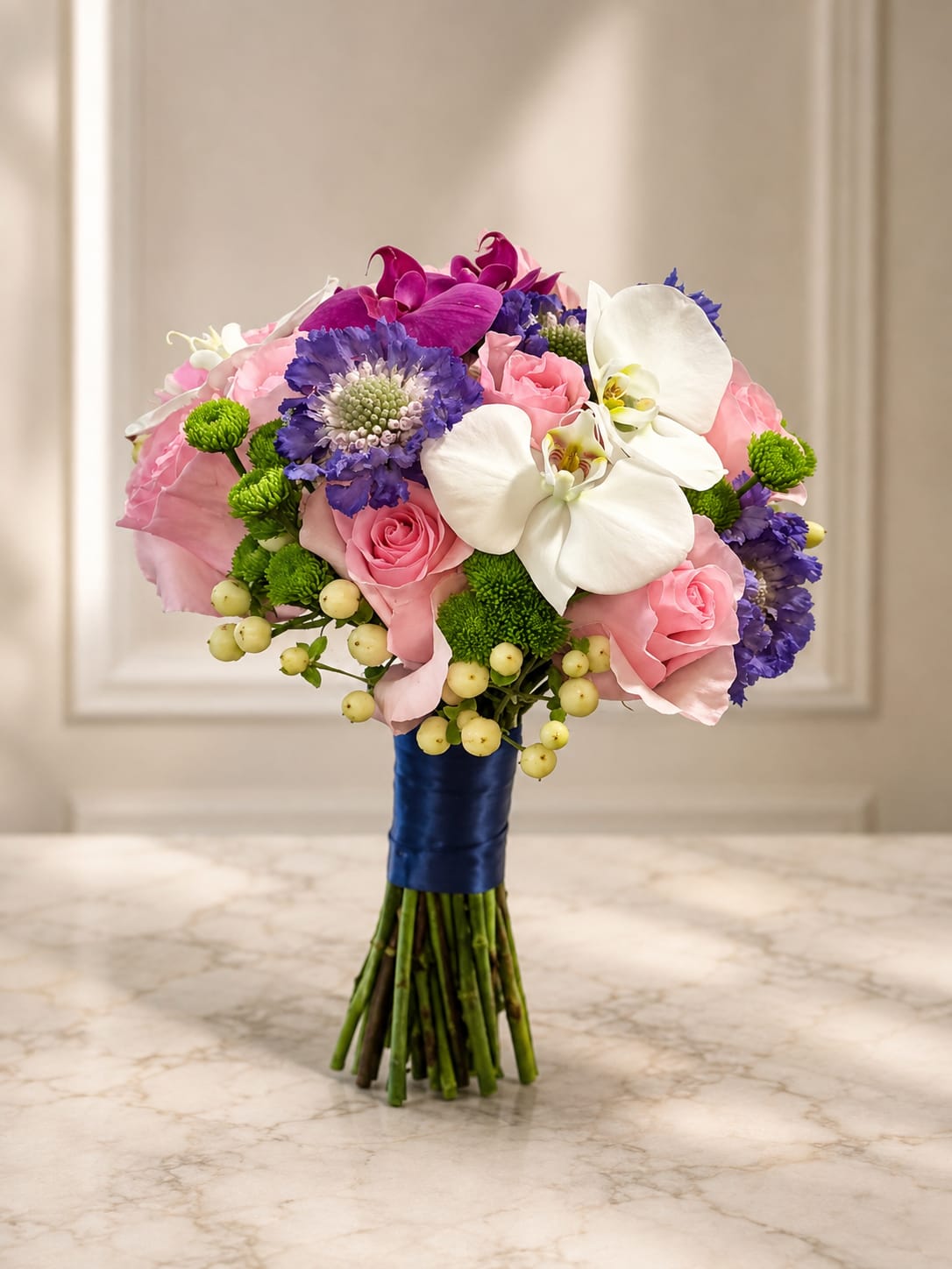 Wedding bouquet with pink roses, white orchids, and purple blooms