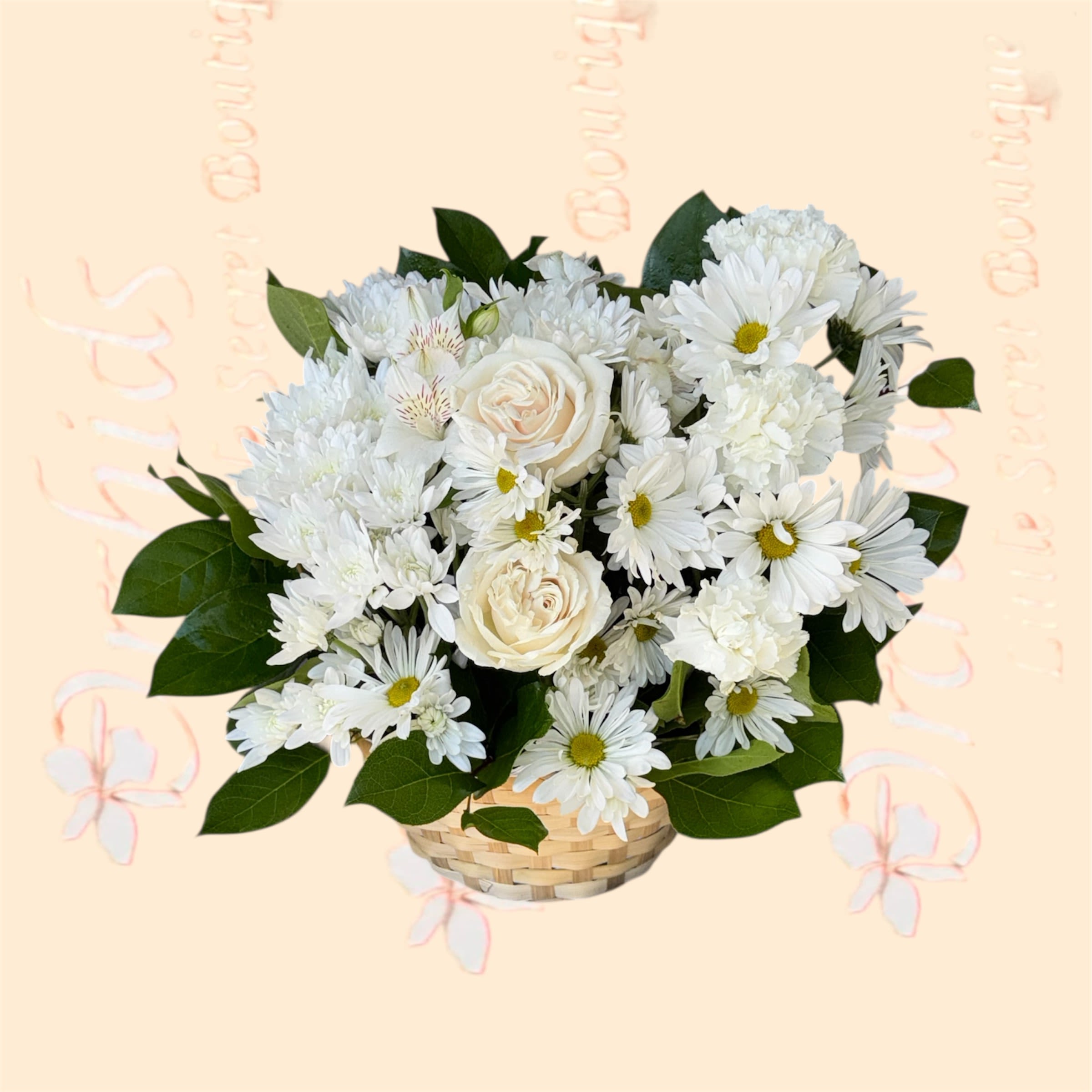 White flowers arranged in a woven basket with green leaves