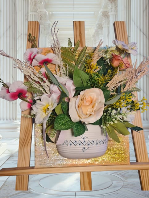 "Golden Sunrise" - 3D Floral Art - A unique piece of floral fine art. Emerging from a hand-textured canvas with gold leaf accents and warm tones, sits an elegant white vase adorned with rhinestones.