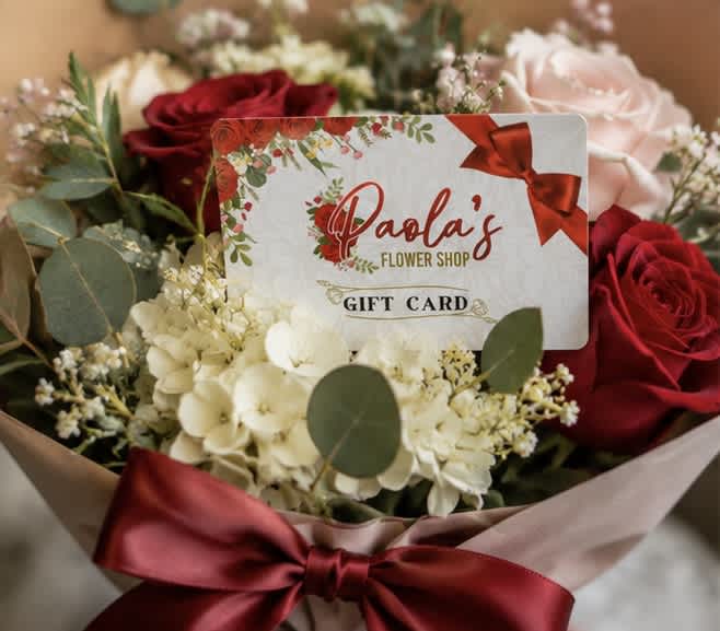 Bouquet of red and blush roses with white flowers and a gift card