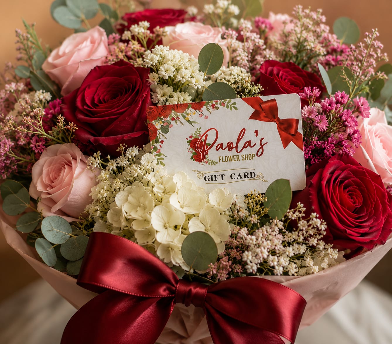 Bouquet of red and blush roses with white filler flowers and a gift card