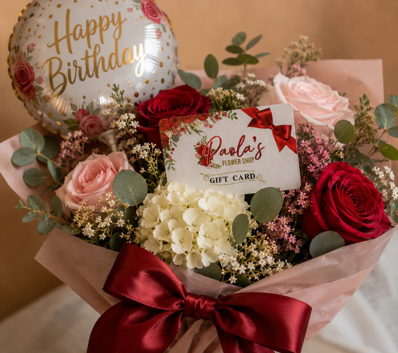 Birthday bouquet with roses, hydrangea, and a balloon
