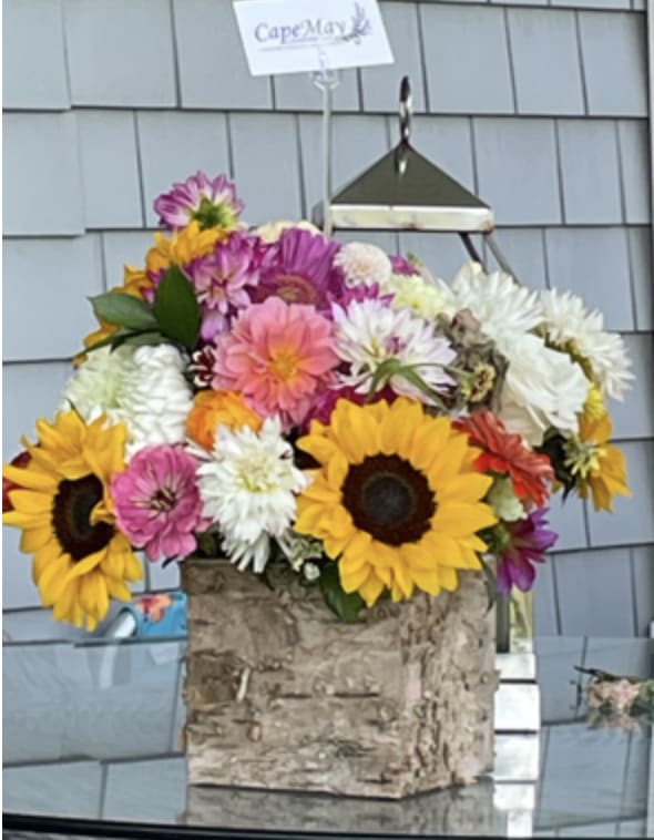 Autumn in a Box - Dahlia's, Sunflowers, and more adorn this rustic birch box.. beautiful displayed on an entry table or dining al fresco table.  ( we can also arrange in a clear square cube glass vase) 