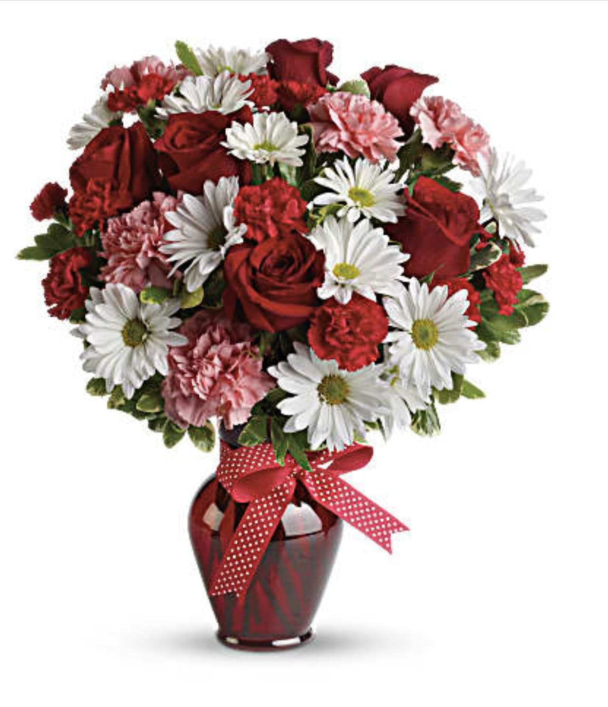 PokaDots - This arrangement includes white daisy spray chrysanthemums, pink carnations, red carnations and red roses accented with fresh greenery.