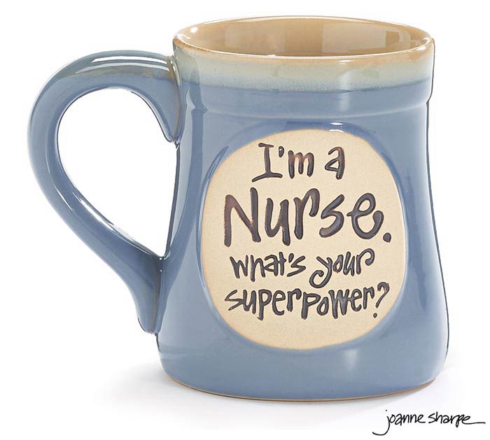Blue ceramic mug with the text "I'm a Nurse. what's your superpower?"