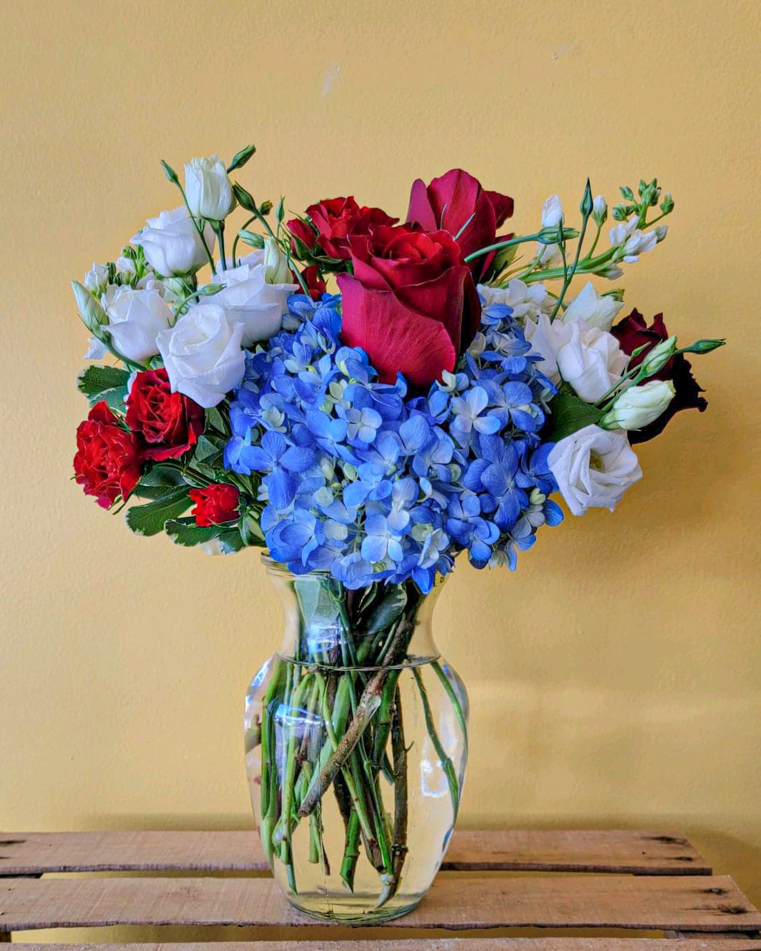 Red and white roses with blue hydrangeas in a glass vase
