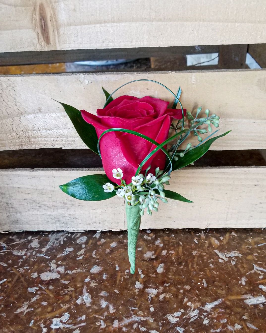 Single pink rose boutonniere with small white flowers