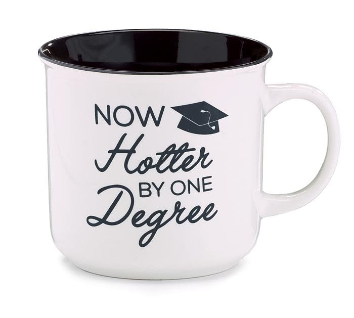 White mug with black rim and graduation text