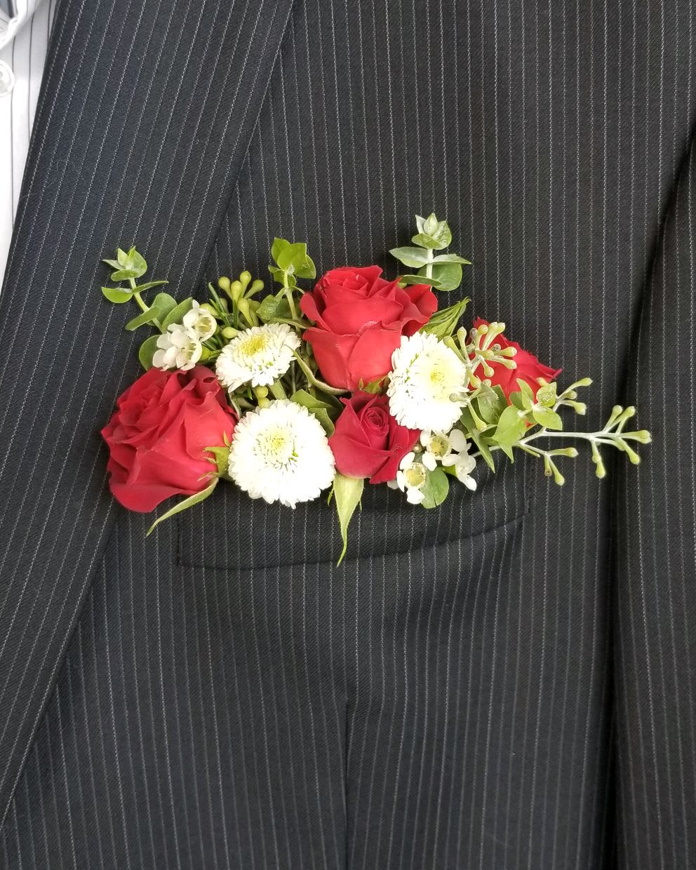 Pocket Square Boutonniere- Mixed  Flower White &amp; Red - *** Please note*** fits in pocket, not a pin on *** Made from a mix of white and red flowers.  Final product may not be exact to picture, but it will match with style and color scheme.  Each purchase is unique and the picture is for general idea of look and feel. 