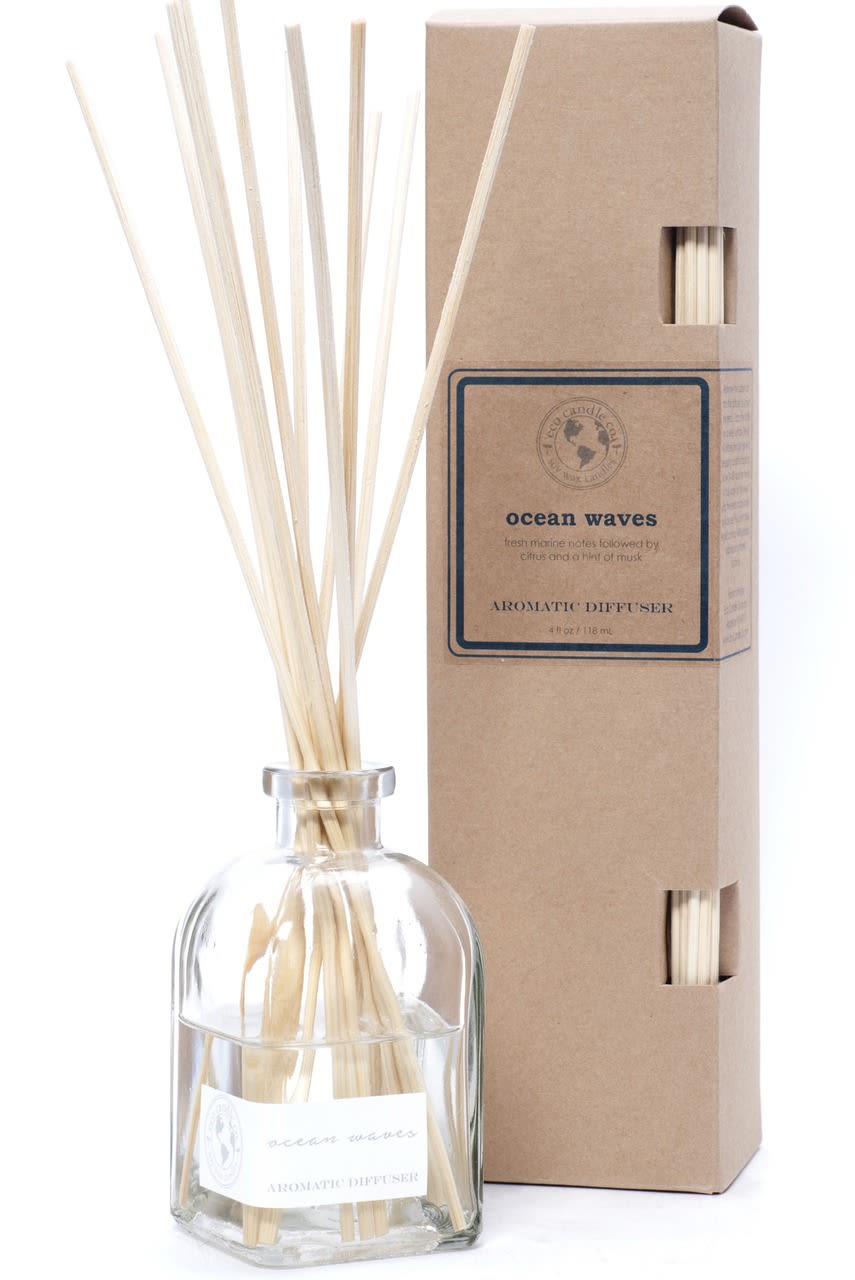 Reed Diffuser- Ocean Waves - Ocean Waves scent description: Fresh marine notes, citrus and a hint of musk. the essence of fresh ocean air.  Attractive clear glass jar with 4 ounces of premium fragrance oil and 12 reed sticks packaged in a recycled kraft box.  Low maintenance home fragrance that lasts up to 4 months! Just insert the natural reed sticks into the jar and flip the sticks occasionally to intensify the scent.   Made with phthalate-free fragrance and essential oil blends.  Size: jar- 3" x 4.75", 12" long reed sticks, total package size 3" x 3" x 12.25"