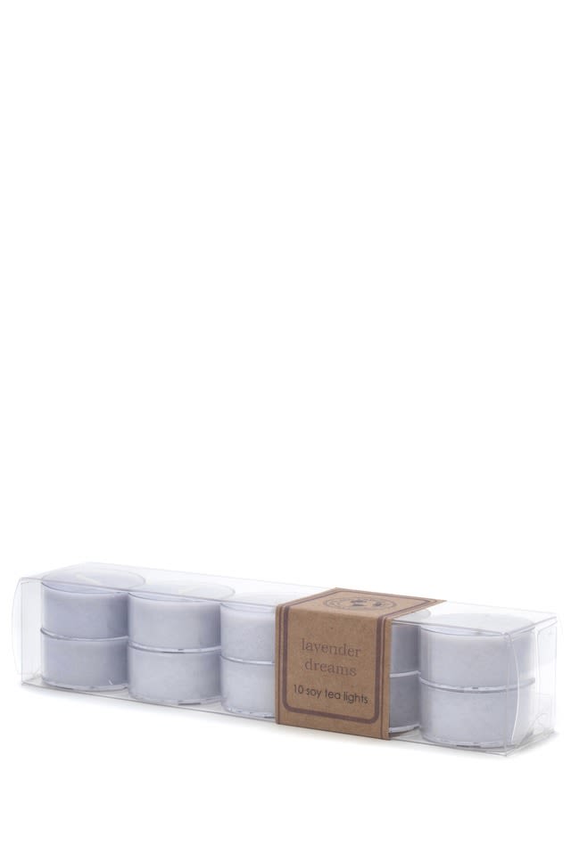 Eco Candle Company- Lovely Lavender Tea Lights - Lavender Dreams scent description: Calming lavender perfectly blended with lilac, sage and mimosa.  10 soy tea lights in clear, recyclable plastic cups. Not sure which fragrance to choose? Assorted 10 packs are a great way to sample!  100% soy candle hand-poured in Appleton, WI. Natural paper, cotton or hemp wicks - no lead. Phthalate-free fragrance and essential oil blends.  Midwest-grown soybeans.  Burn time up to 7-9 hours each | Optimal burn length is 1-2 hours at a time. Size: .6oz each, individuals measure 1.5" x .75", entire package measures 8" x 1.75" x 1.75".