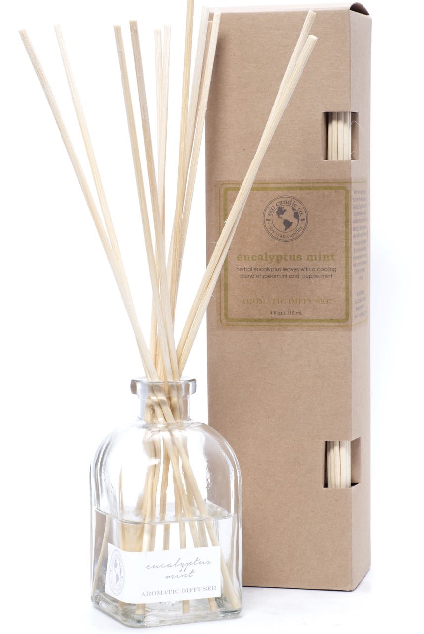Reed Diffusers- Eucalyptus Mint - Eucalyptus Mint scent description: Herbal eucalyptus leaves with a cooling blend of spearmint and peppermint.  Attractive clear glass jar with 4 ounces of premium fragrance oil and 12 reed sticks packaged in a recycled kraft box.  Low maintenance home fragrance that lasts up to 4 months! Just insert the natural reed sticks into the jar and flip the sticks occasionally to intensify the scent.   Made with phthalate-free fragrance and essential oil blends.  Size: jar- 3" x 4.75", 12" long reed sticks, total package size 3" x 3" x 12.25"