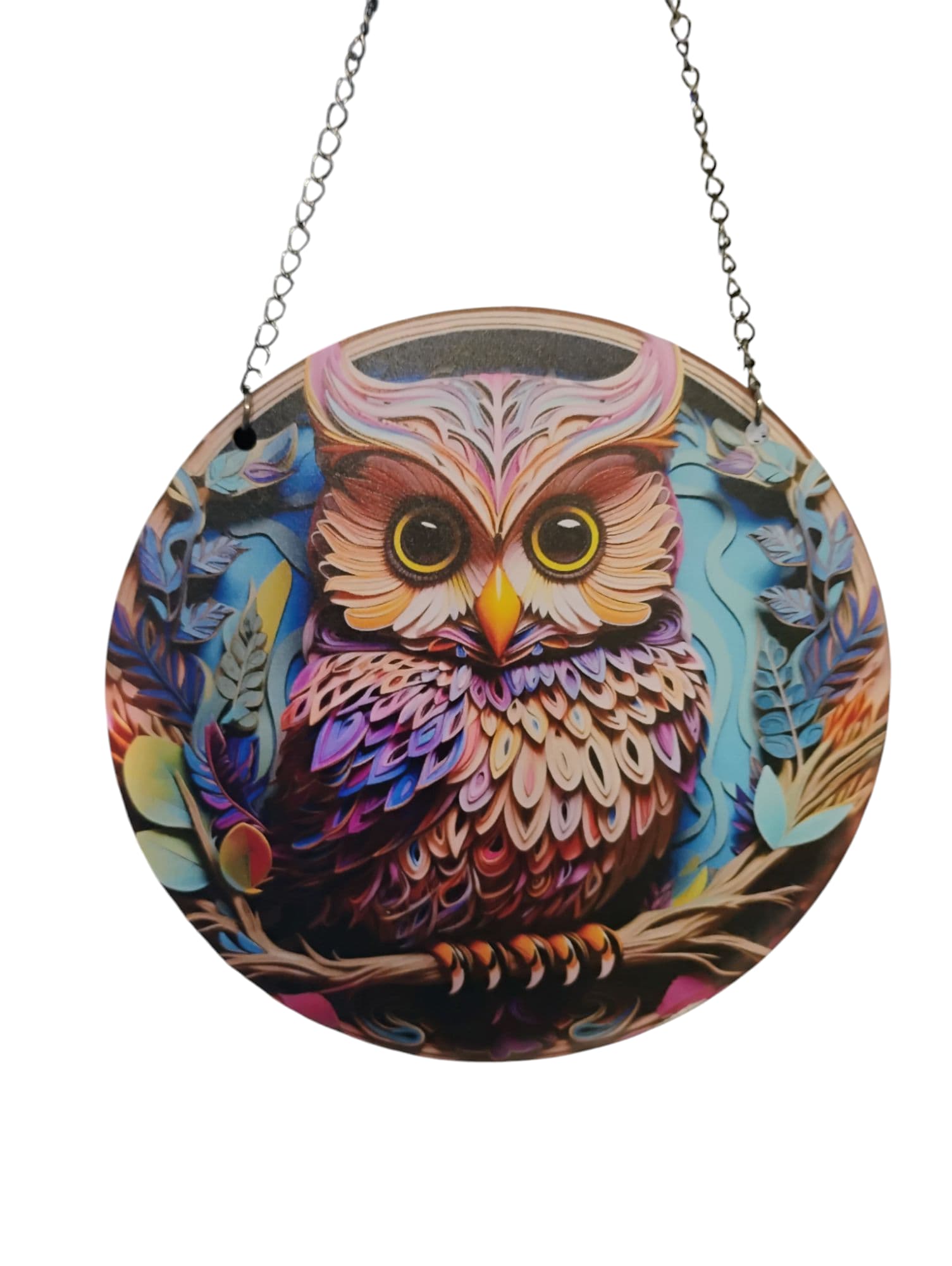 Round hanging owl wall plaque with colorful illustrated design