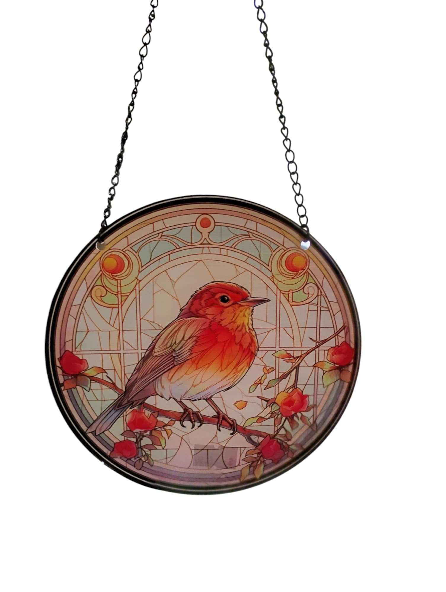 Round hanging plaque with a bird and red flowers