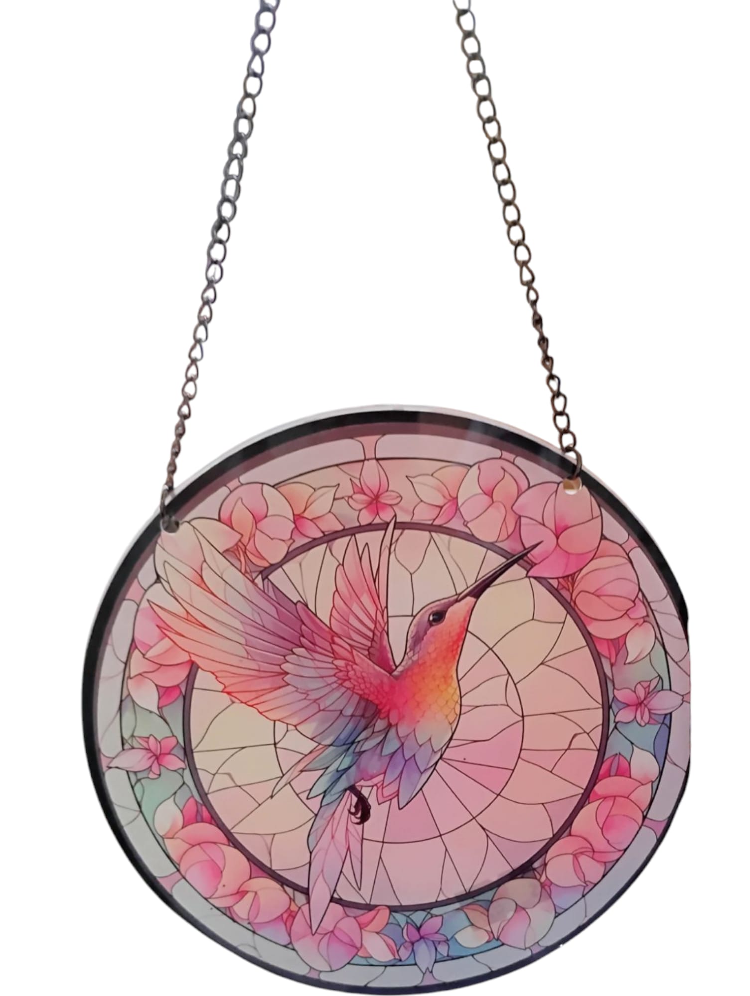 Round hanging suncatcher with a hummingbird and pink flowers