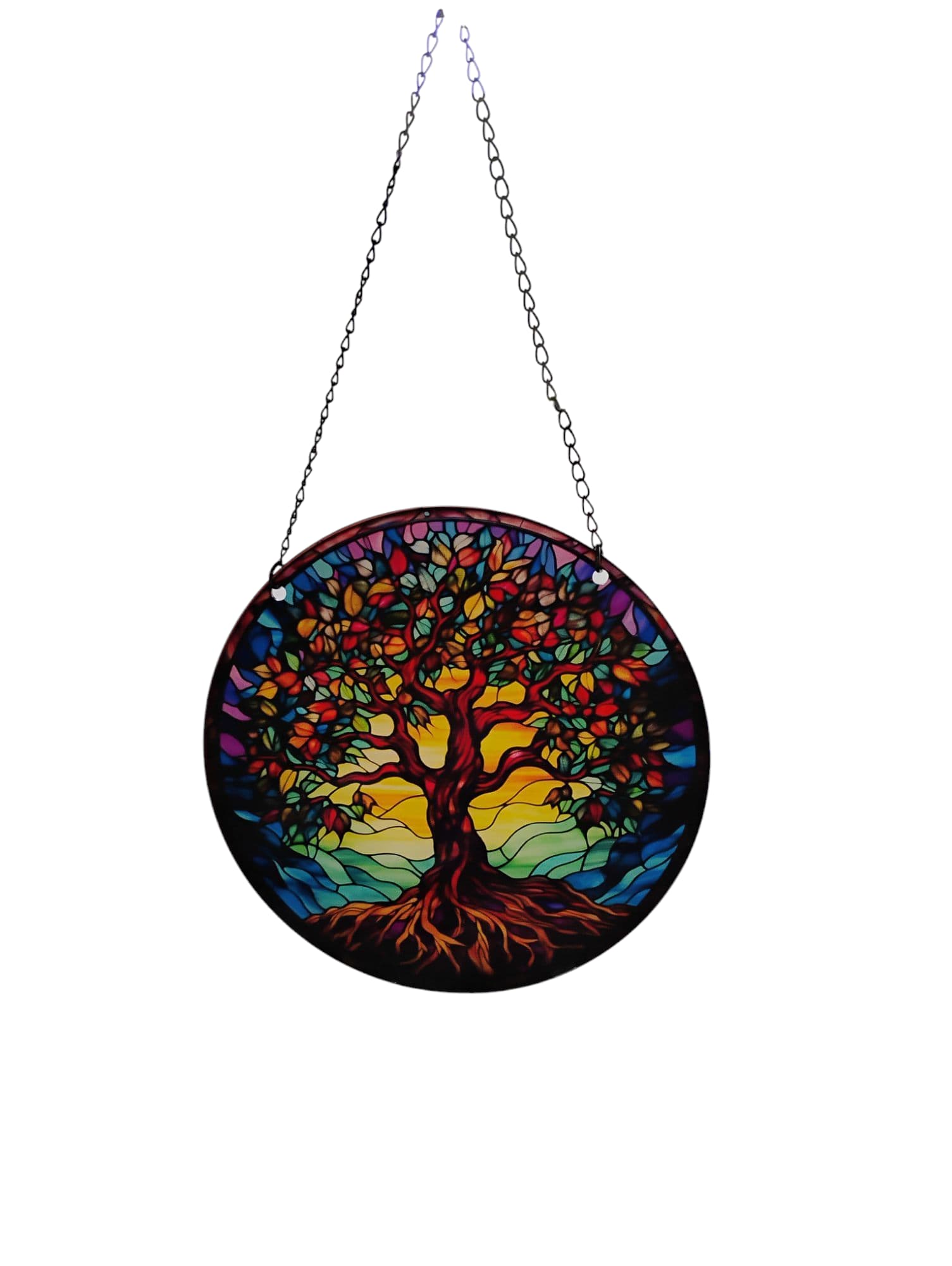 Round hanging stained-glass panel with a colorful tree design