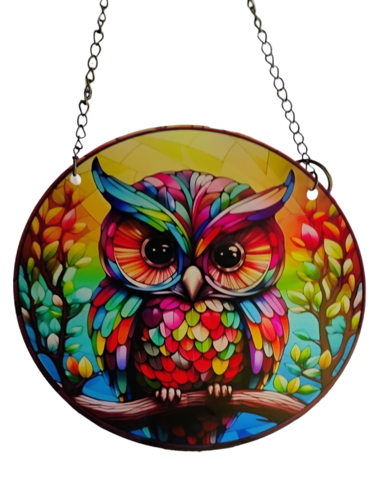 Colorful owl wall hanging with a chain hanger