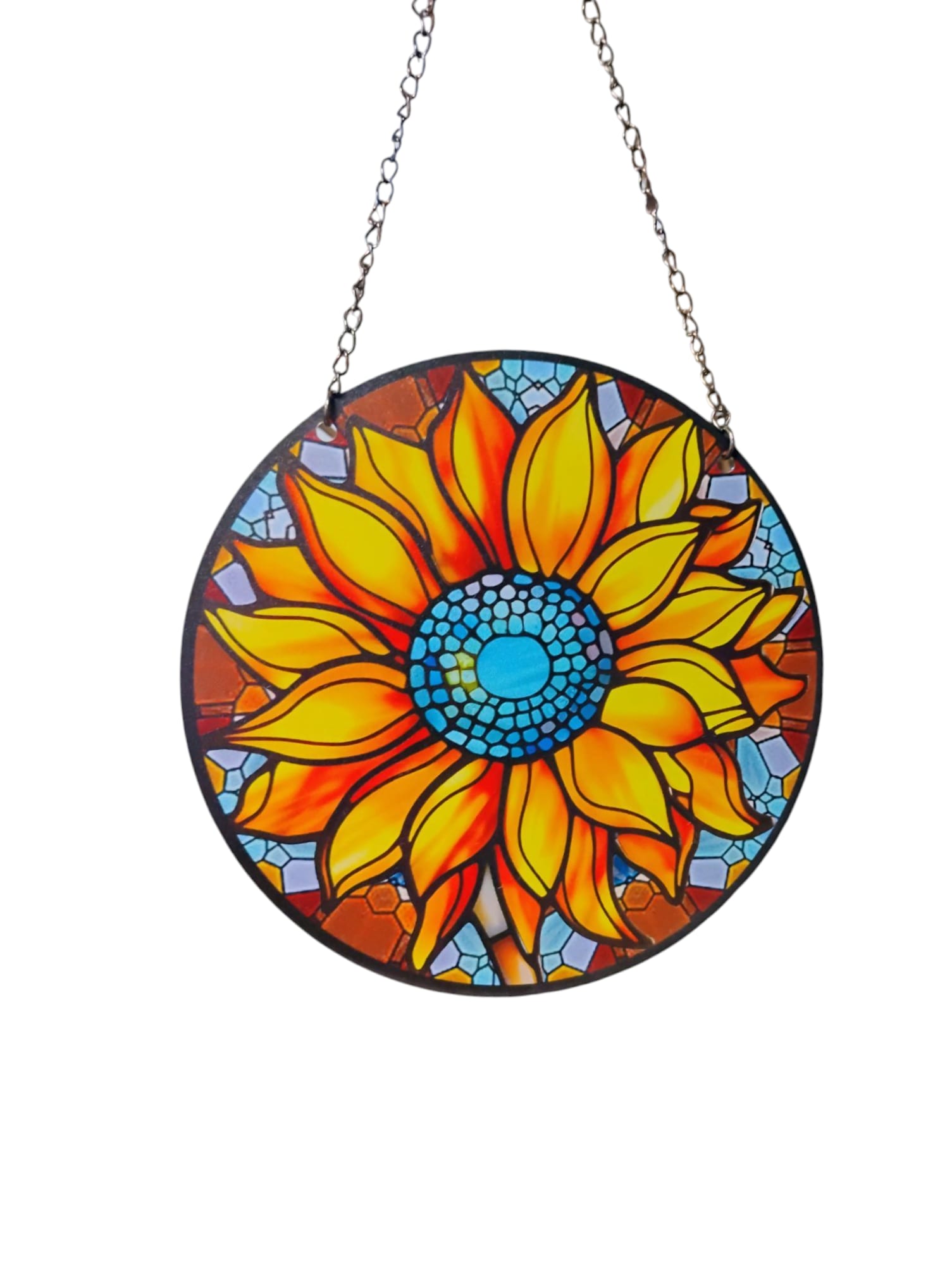 Round hanging sunburst panel with yellow and orange petals