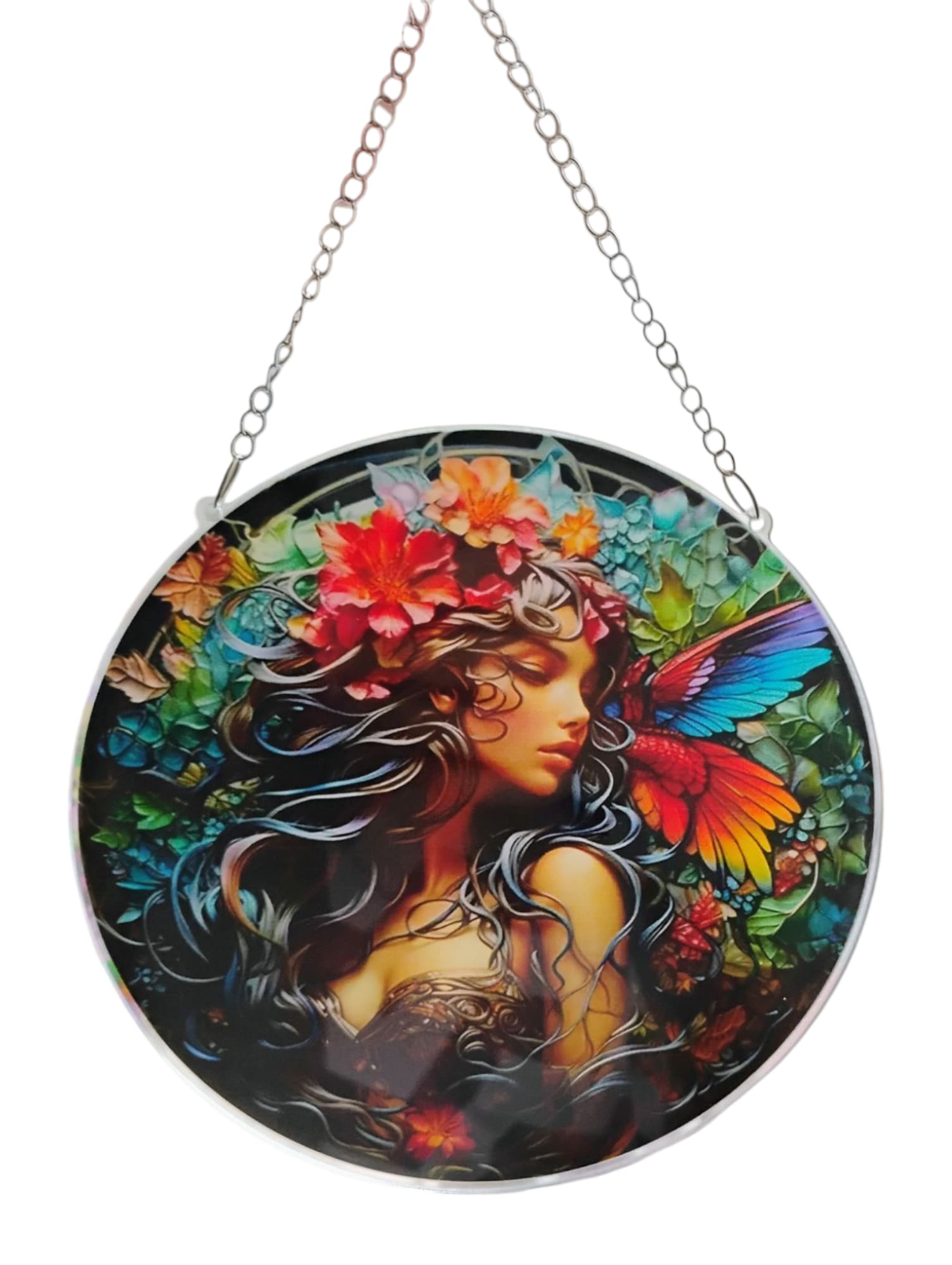 Round hanging wall art with a colorful woman and butterflies