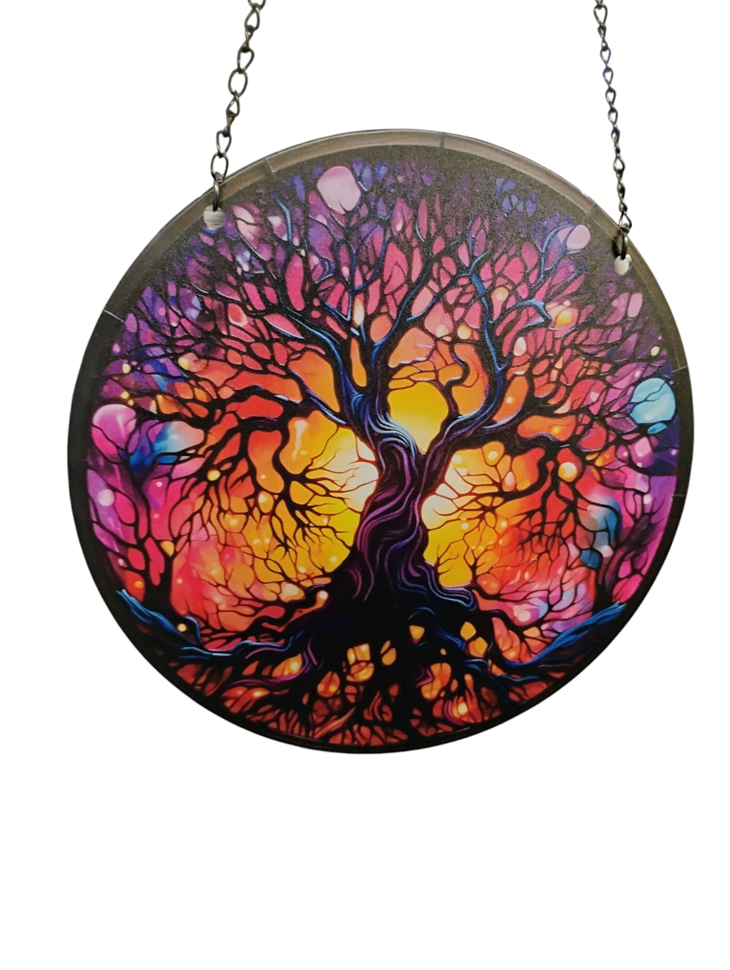 Round hanging wall art with a colorful tree design