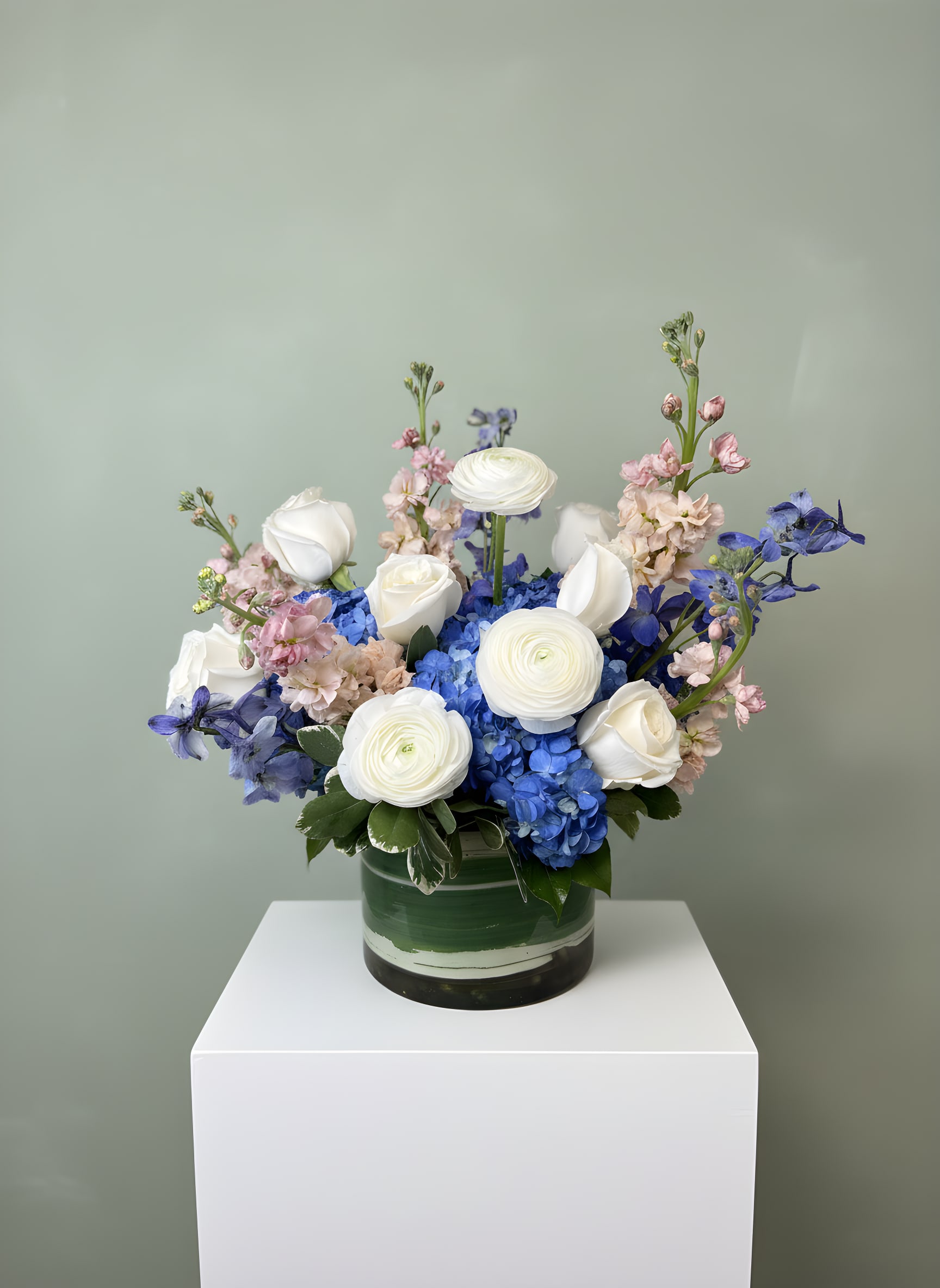 The Blue Belle - The Blue Belle is an elegant, garden-inspired floral arrangement featuring lush blue hydrangea, creamy white roses, delicate ranunculus, and soft blush stock accented with fresh greenery. Designed in a modern glass vase, this luxurious bouquet blends rich blue tones with classic white blooms for a timeless yet contemporary look.  Perfect for birthdays, anniversaries, sympathy flowers, new baby celebrations, thank you gifts, or everyday flower delivery in Dallas, Texas. This arrangement offers a fresh, romantic style with Southern charm—ideal for sending love, comfort, or congratulations.  Handcrafted by our Dallas florists at All Occasions Florist and available for same-day flower delivery in Dallas and surrounding area  Vase Size - 5 1/2 Tall 6 1/4 Wide
