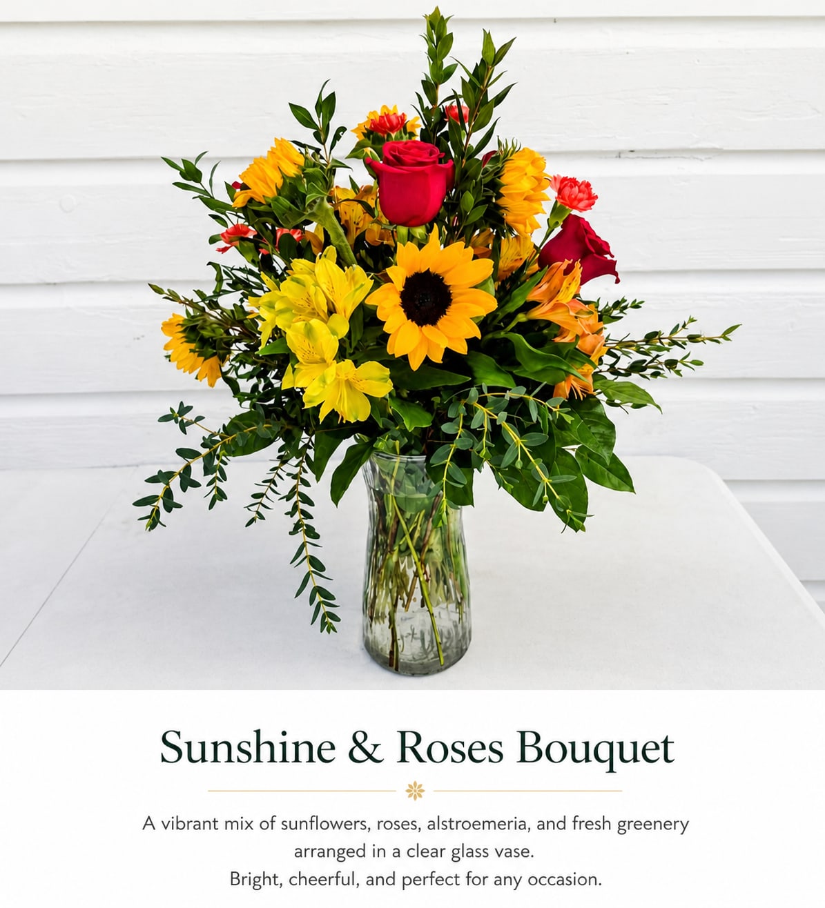 Sunshine &amp; Roses Bouquet - This design captures the perfect balance of bold color and natural elegance—making it an ideal gift for birthdays, celebrations, thank-you moments, or simply to brighten someone’s day. Handcrafted with care at Quinlan Florist and Gifts, each bouquet is arranged fresh to order for a full, long-lasting presentation.