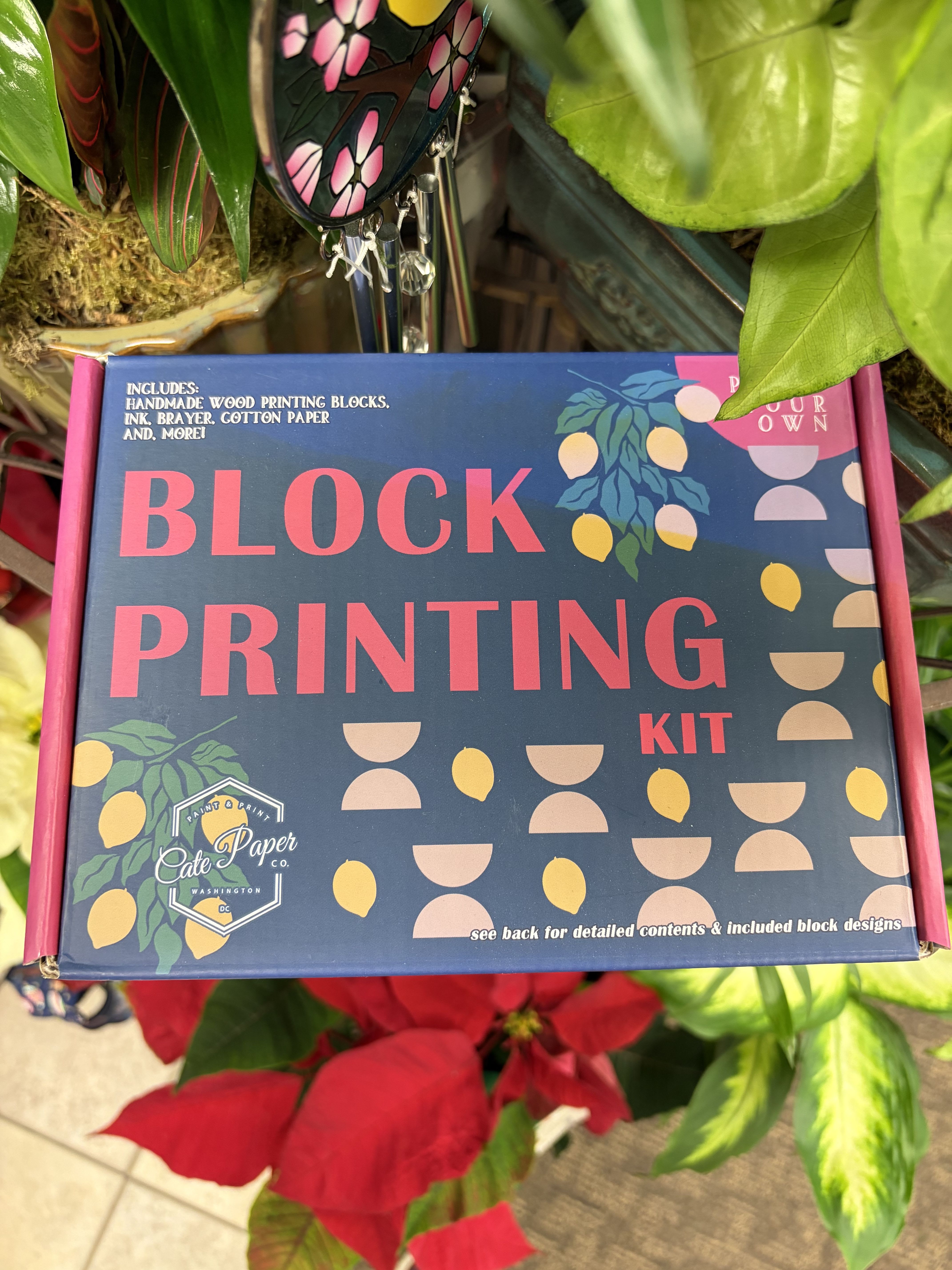 Block printing kit box surrounded by plants and red flowers