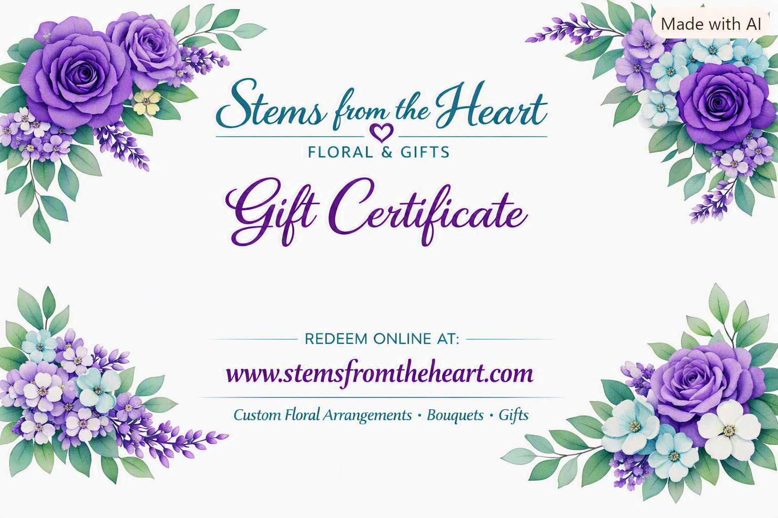 Floral gift certificate with purple and blue flower corners