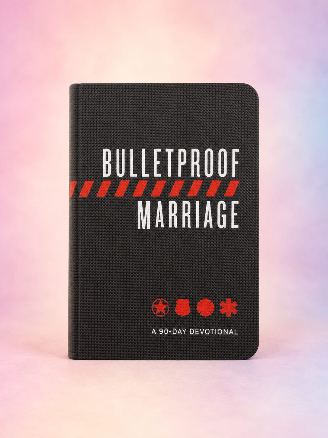 Black devotional book titled "Bulletproof Marriage" on a pastel background.