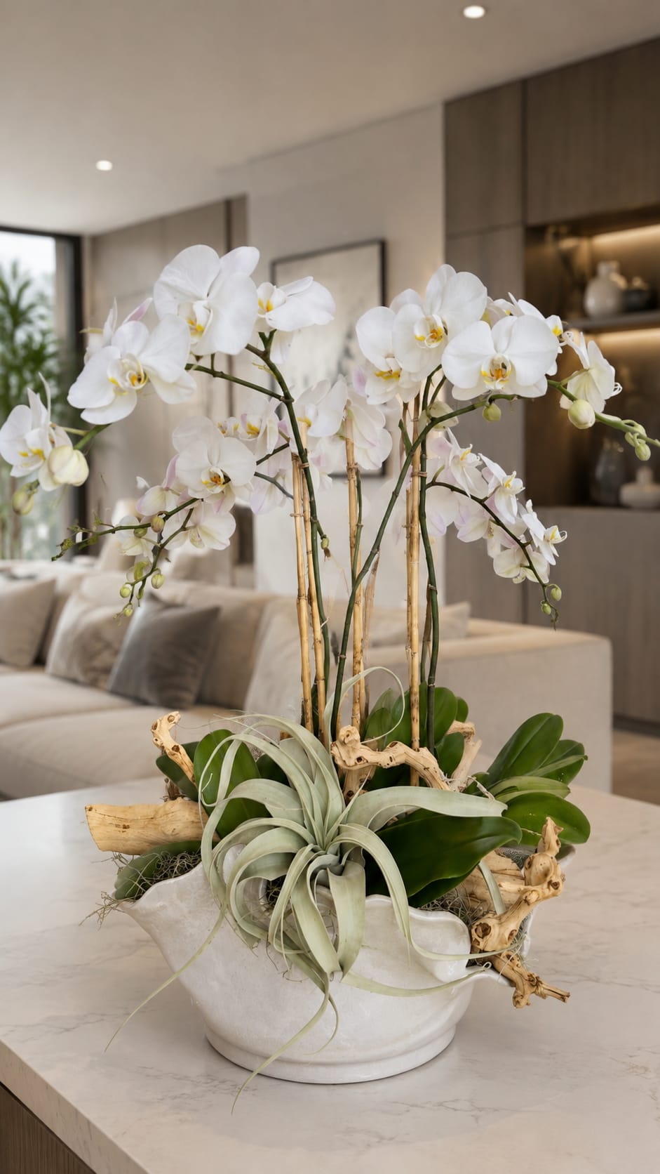 White orchid arrangement in a white bowl with air plants and driftwood
