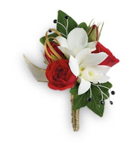 Star Studded Boutonniere - Elegant orchids and classic red roses make you the star of the show.  White dendrobium orchids, red spray roses and green ivy.  Approximately 3" W x 4 1/2" H  Orientation: N/A