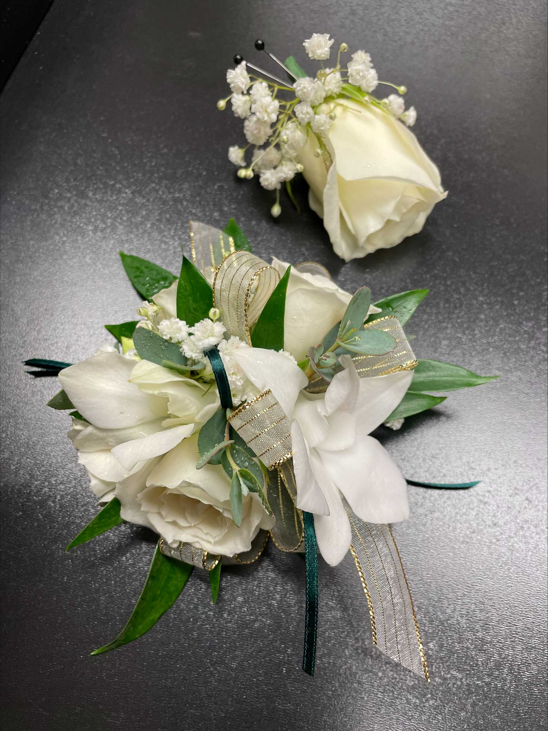 White Corsage and Boutionniere - White Corsage and Boutonniere