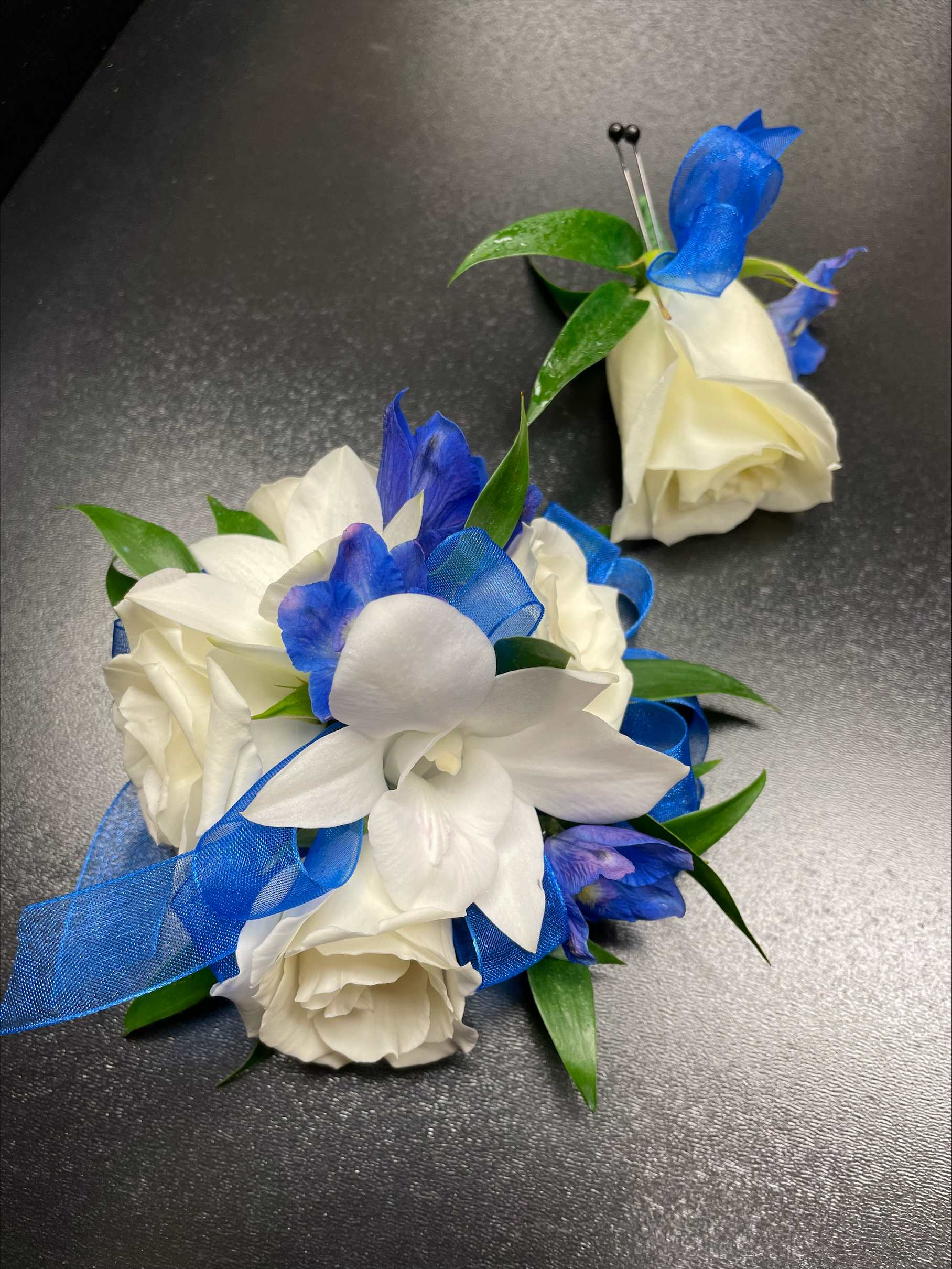 Royal Star Corsage and Boutonniere - Royal Blue and White Corsage and Boutonniere