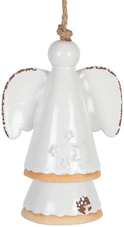 White angel ornament with a rope hanger and brown trim