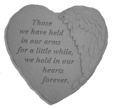 Heart-shaped memorial plaque with angel wings and a sympathy quote