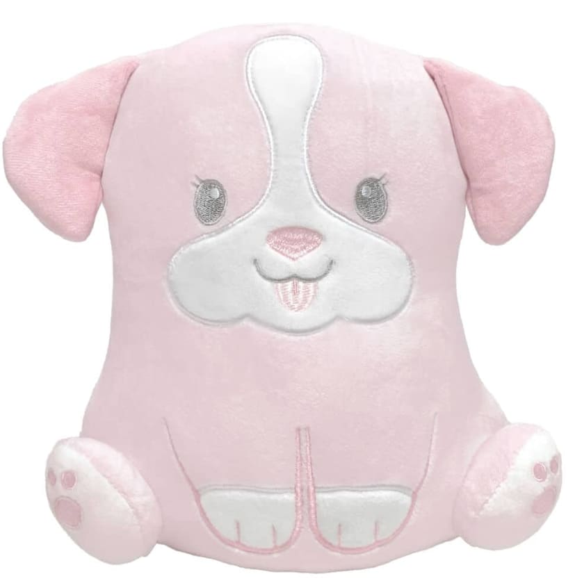 Pink plush dog toy with white face and paws